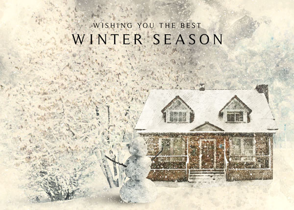 Рисованная открытка с домиком и снеговиком