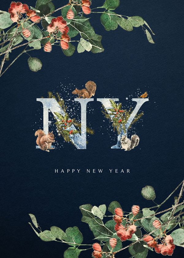 Темная открытка к новому году с буквами NY