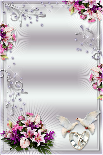 Свадебная рамка с букетами цветов  и голубями