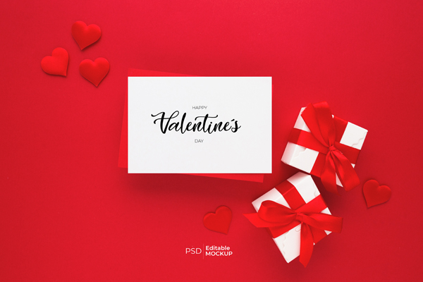 Красный макет с подарками на день святого Валентина