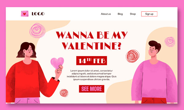 Открытка с девушкой и парнем в стиле корпоративный мемфис на день святого Валентина