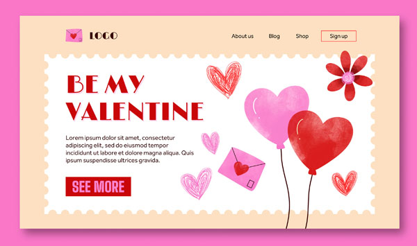 Рисованная открытка с сердечками и маркой на день святого Валентина