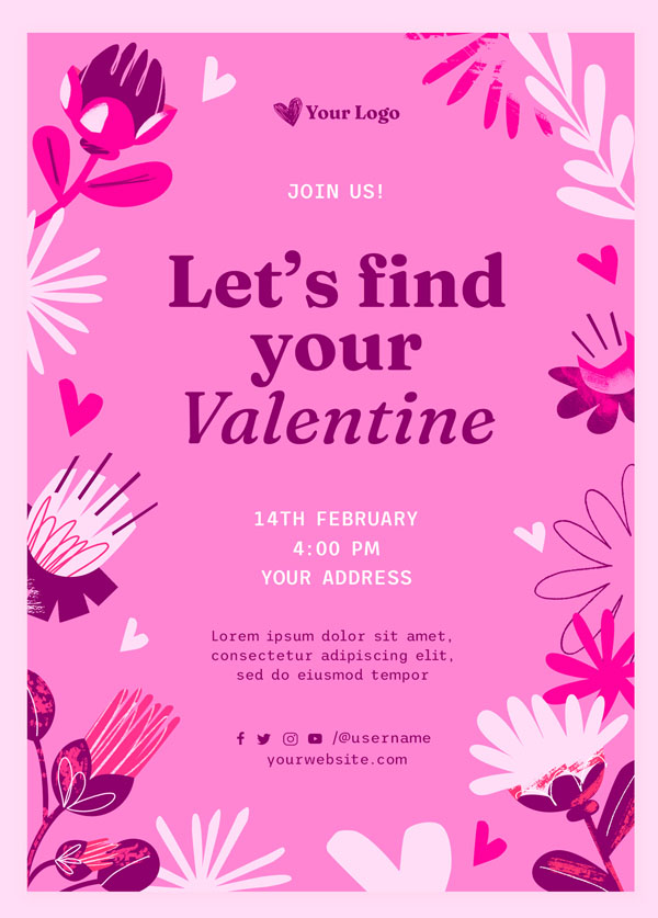 Вертикальный розовый постер с цветами на день святого Валентина