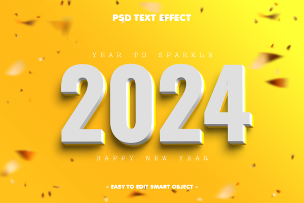 Новогодний желтый фон с объемными цифрами 2024