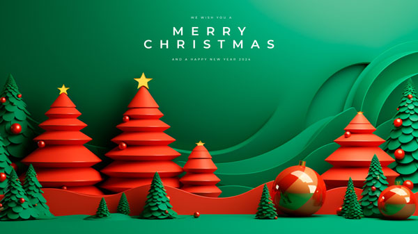 Новогодняя открытка с красными 3D елками