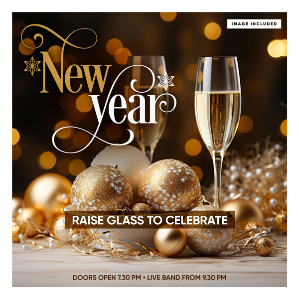 Стильная новогодняя открытка с шампанским и шарами